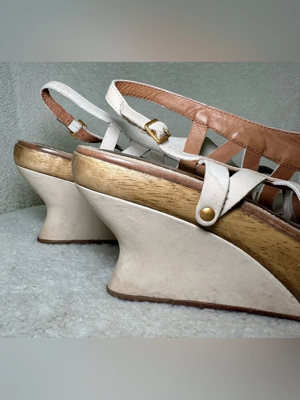 Leifsdottir Vintage Anthropologie Ivory Leather Wood Platform Wedge Strappy 9